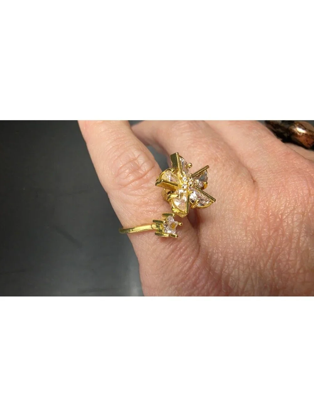 Gold Tone Adjustable Spinning Fidget Ring with Clear Stones Size 5